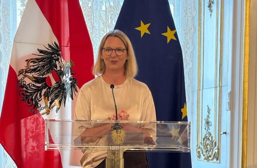 Constanze Ertl am Podium, dahinter die Österreich-Fahne und die EU-Fahne. Sie hält bei der Verleihung des Robert-Hochner-Preises durch Bundespräsident Alexander Van der Bellen eine Rede. Ausgezeichnet wurde sie für ihre Berichte zu ME/CFS.